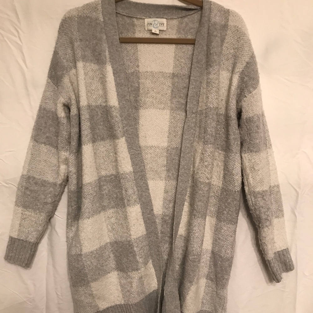 Grey and White Checkered Long Cardigan